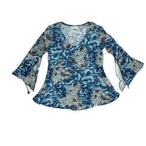 Vintage Y2K Giovanna Womens Floral Split Sleeve V-Neck Top